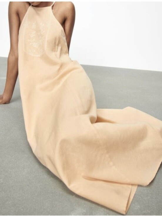 Zara Dresses & Skirts - Zara Peach Embroidered Linen Maxi Spaghetti Strap Dress NWT